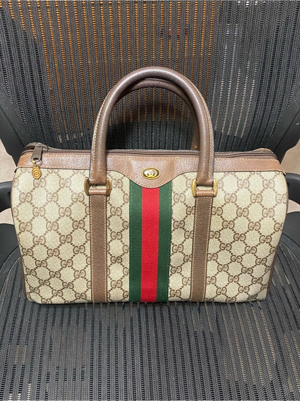 Gucci Brown Monogram Duffel with Red & Green Center Stripe